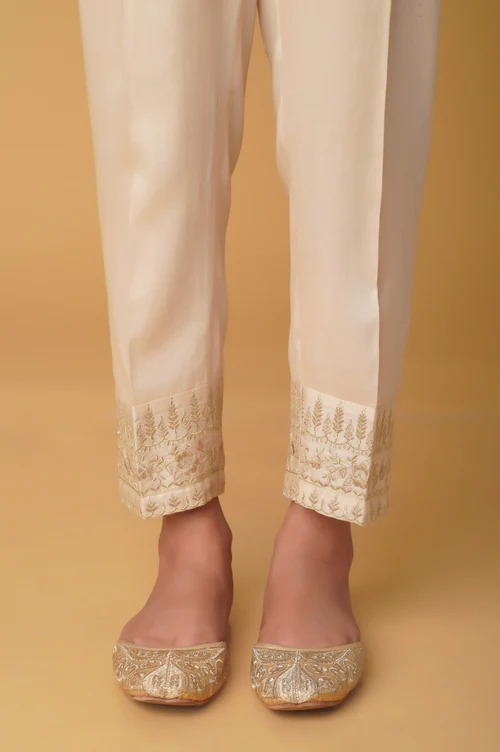 Embroidered Cotton Satin Cigarette Pants - Beige
